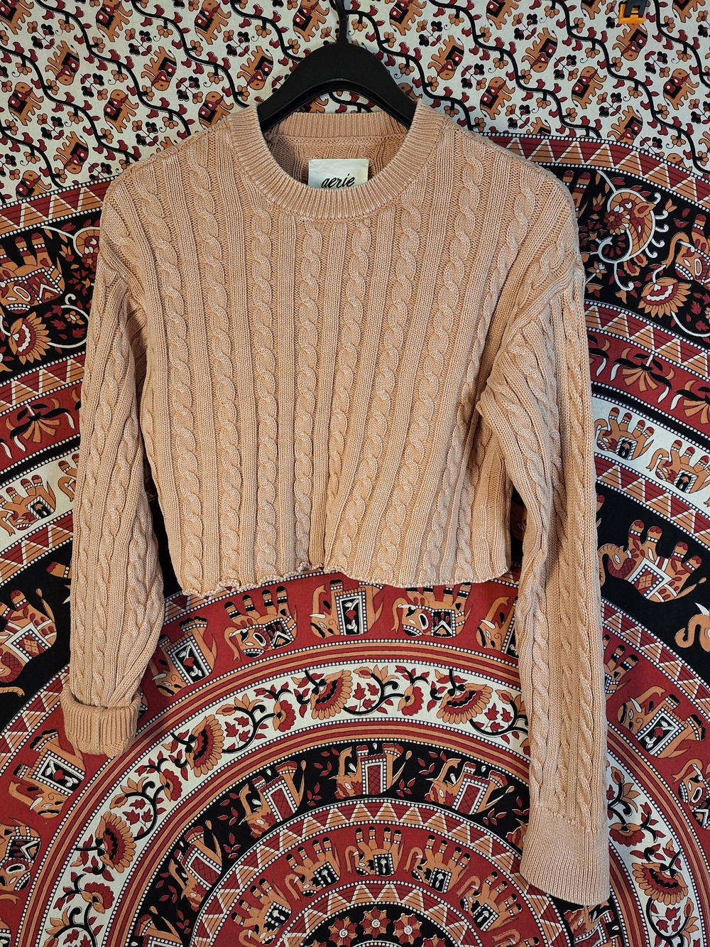 aerie Cropped Cable Knit Fisherman Style Long Sleeve Drop Shoulder Sweater